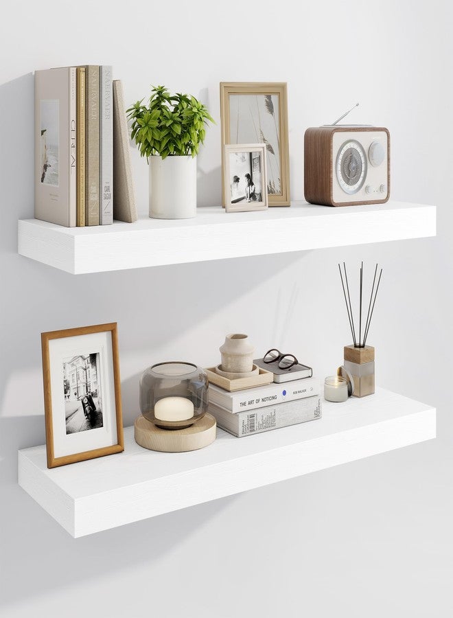 Marsmiles 36" Floating Shelves for Wall, Wooden Shelves with Invisible Brackets Set of 2, Rustic Farmhouse Wall Mounted Shelf for Kitchen Bathroom Living Room Study, White - Image 1